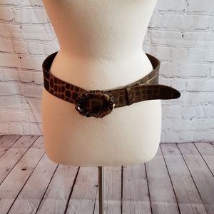 Garuglieri Italy Leather Belt w/ Tiger Eye Buckle Medium Size Brown Gold